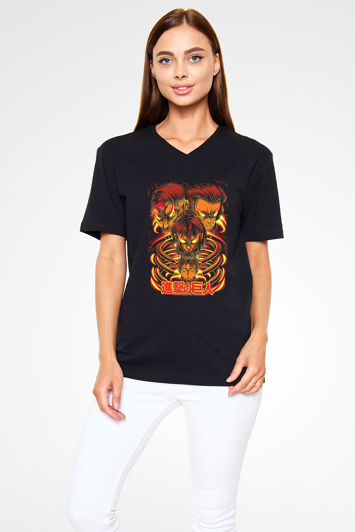 Attack On Titan Baskılı Unisex Siyah V Yaka Tişört - Tshirt