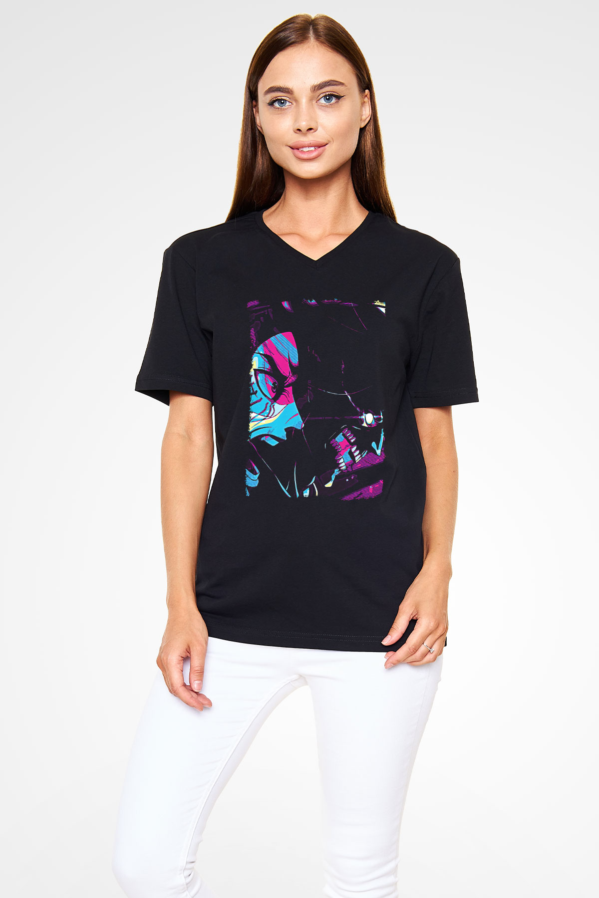 Attack On Titan Baskılı Unisex Siyah V Yaka Tişört - Tshirt