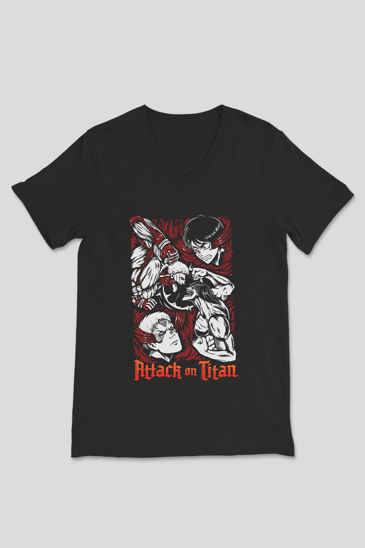 Attack On Titan Baskılı Unisex Siyah V Yaka Tişört - Tshirt