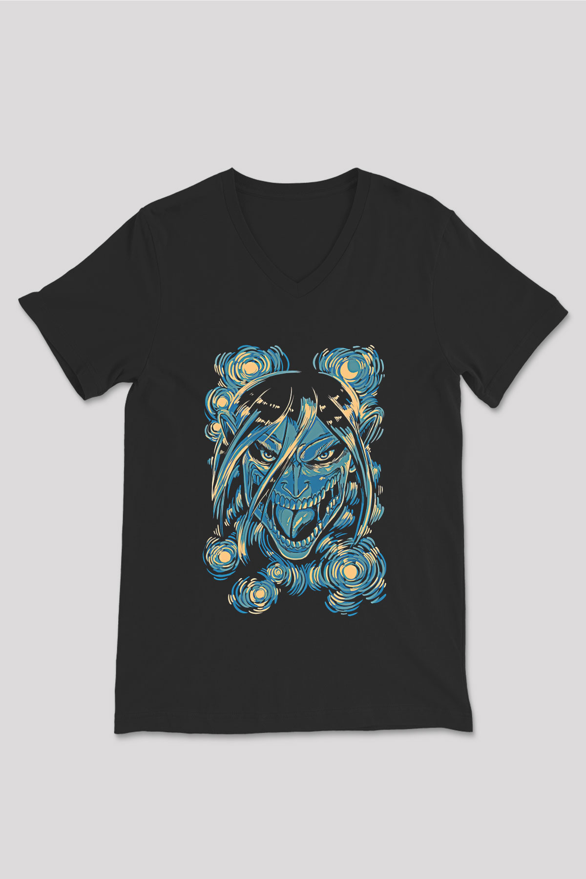 Attack On Titan Baskılı Unisex Siyah V Yaka Tişört - Tshirt