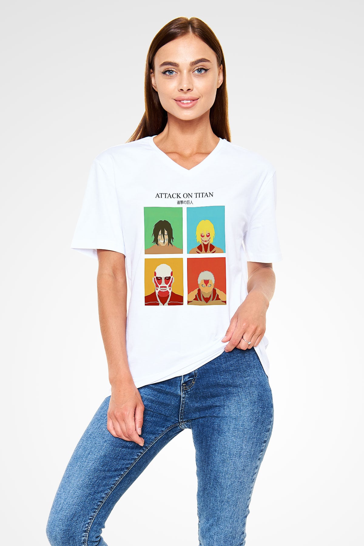 Attack On Titan Baskılı Unisex Siyah V Yaka Tişört - Tshirt