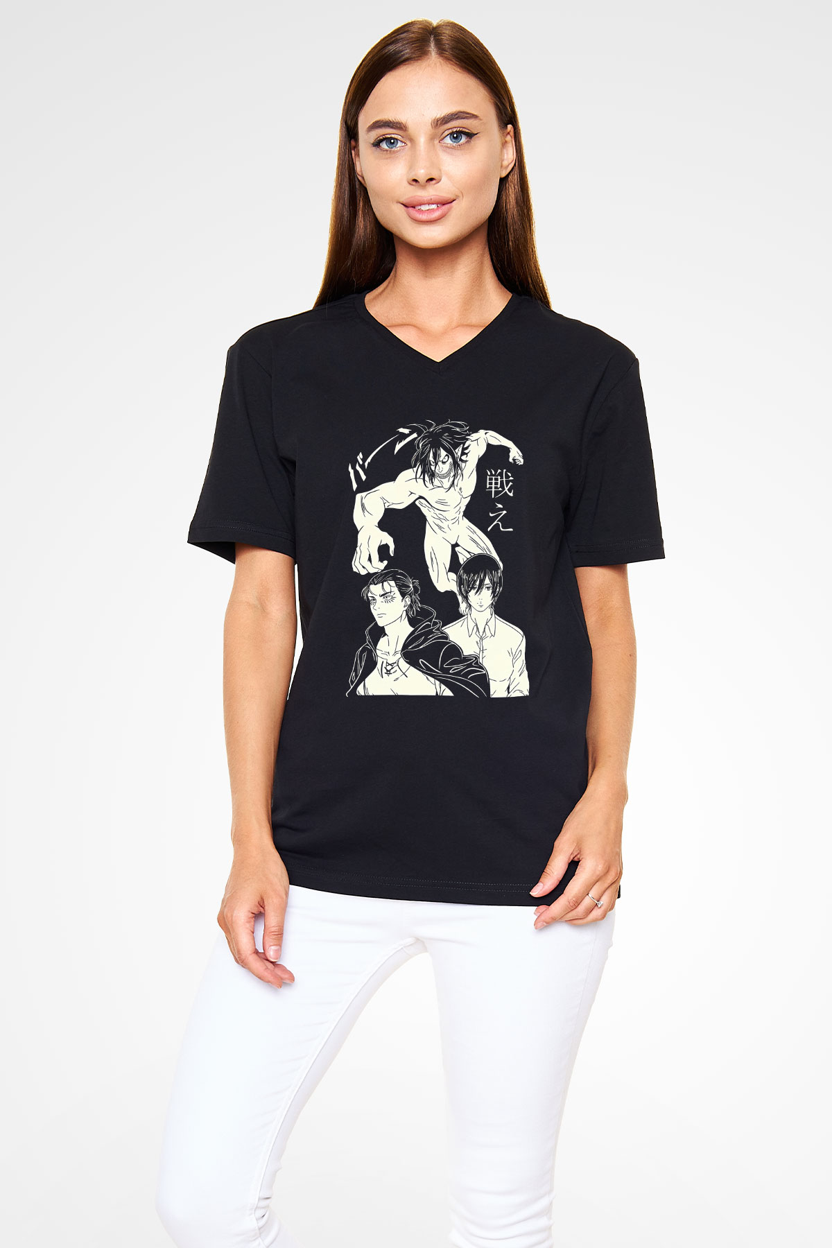 Attack On Titan Baskılı Unisex Siyah V Yaka Tişört - Tshirt