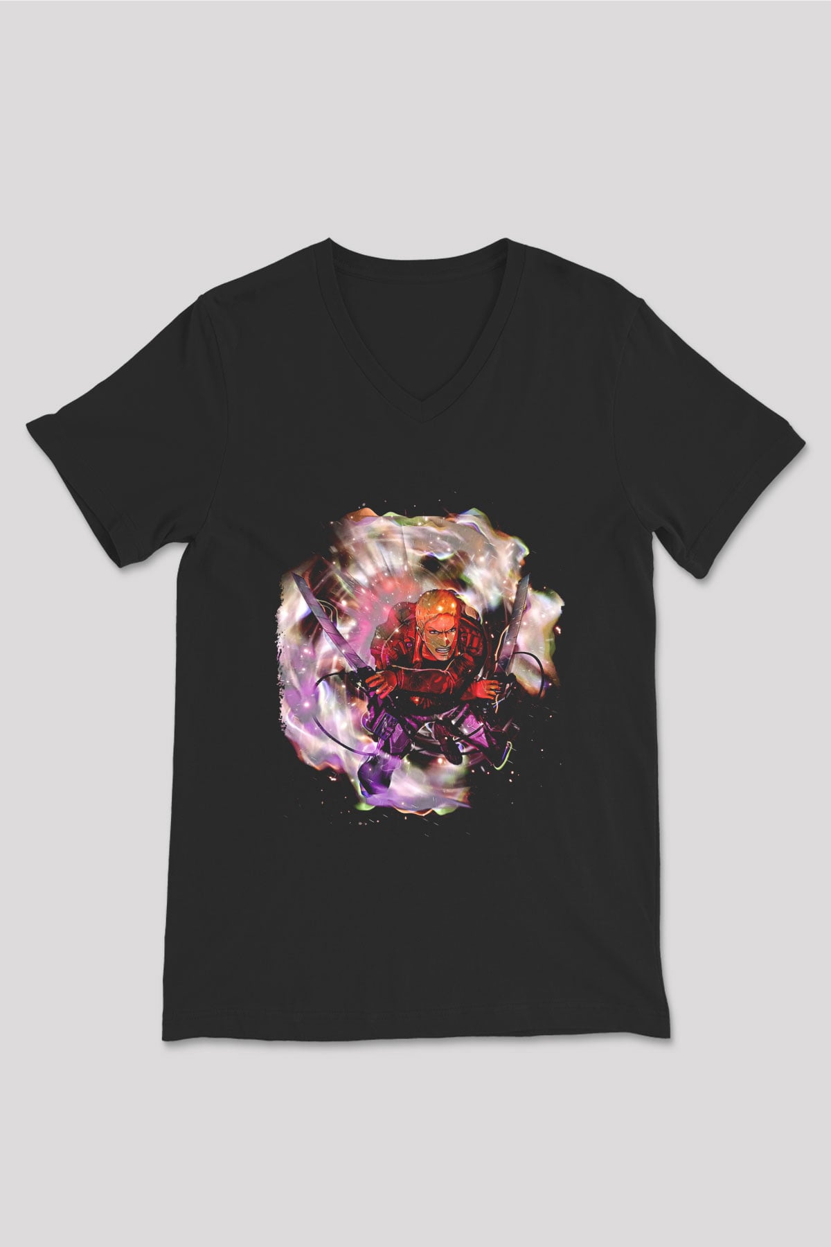 Attack On Titan Baskılı Unisex Siyah V Yaka Tişört - Tshirt