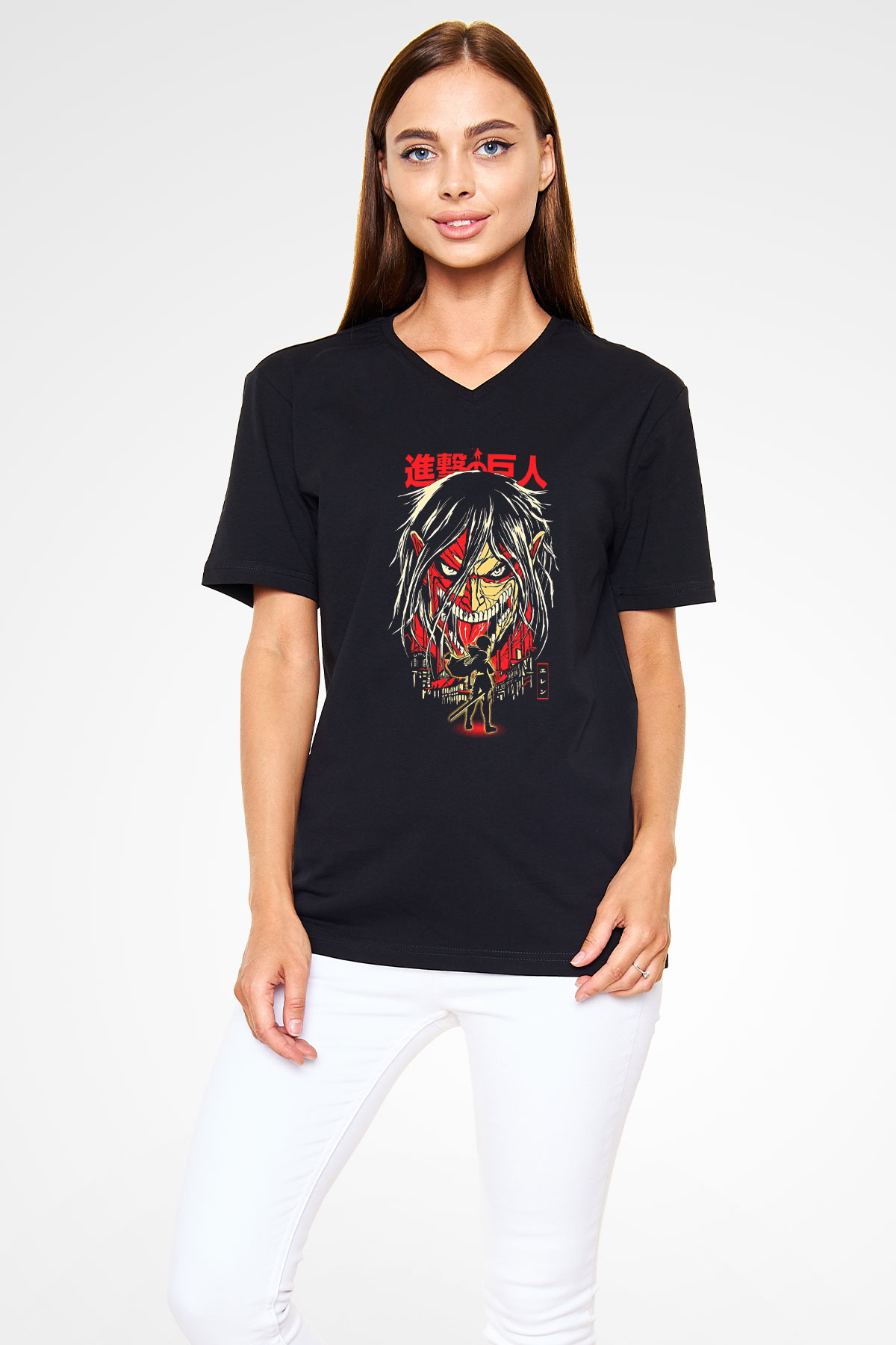Attack On Titan Baskılı Unisex Siyah V Yaka Tişört - Tshirt