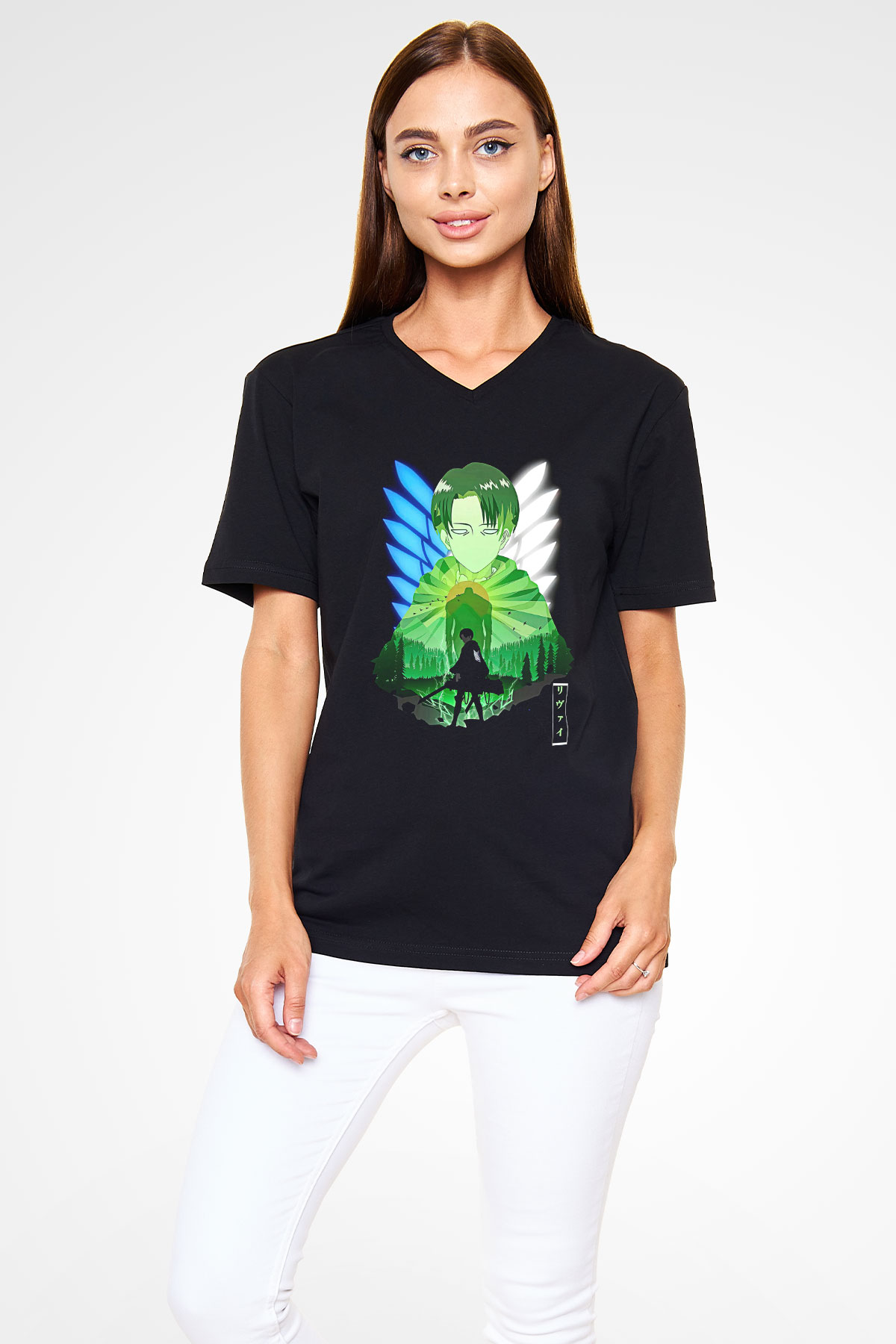 Attack On Titan Baskılı Unisex Siyah V Yaka Tişört - Tshirt