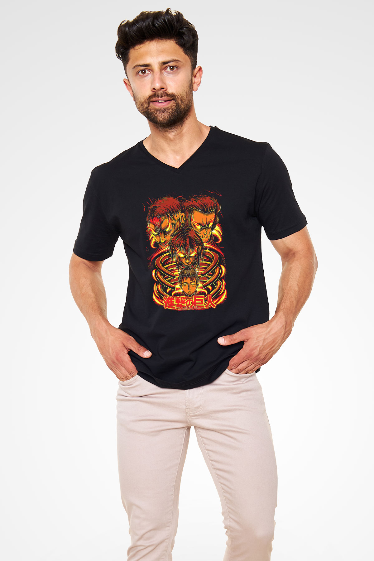 Attack On Titan Baskılı Unisex Siyah V Yaka Tişört - Tshirt