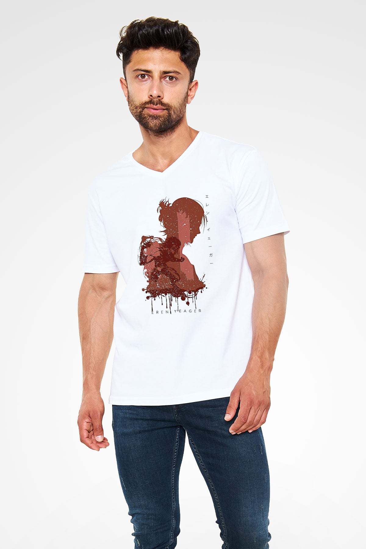 Attack On Titan Baskılı Unisex Siyah V Yaka Tişört - Tshirt
