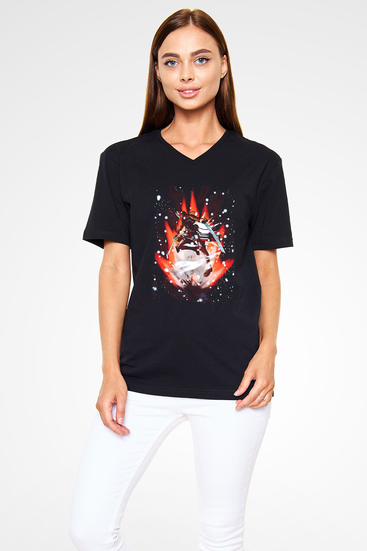 Attack On Titan Baskılı Unisex Siyah V Yaka Tişört - Tshirt