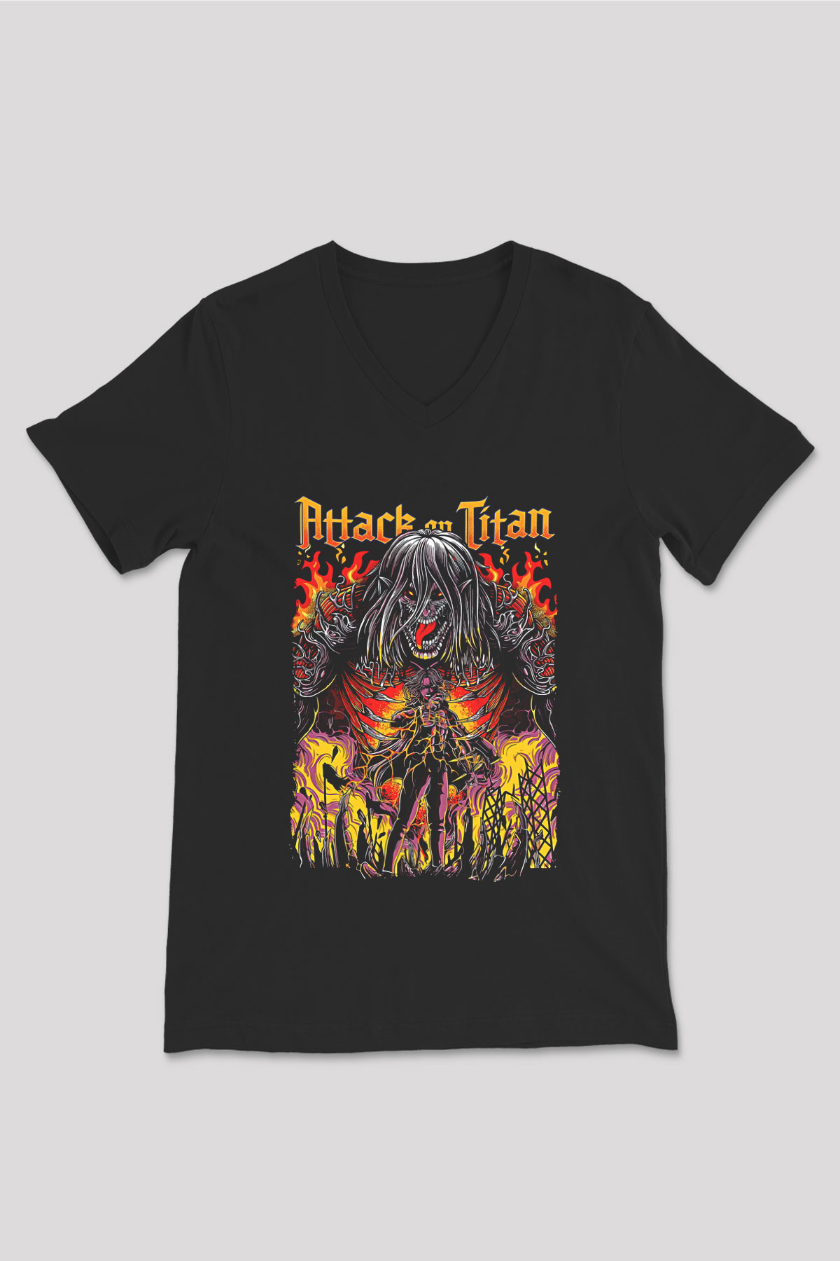Attack On Titan Baskılı Unisex Siyah V Yaka Tişört - Tshirt