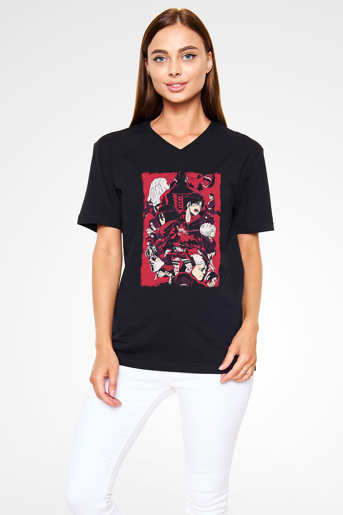 Attack On Titan Baskılı Unisex Siyah V Yaka Tişört - Tshirt