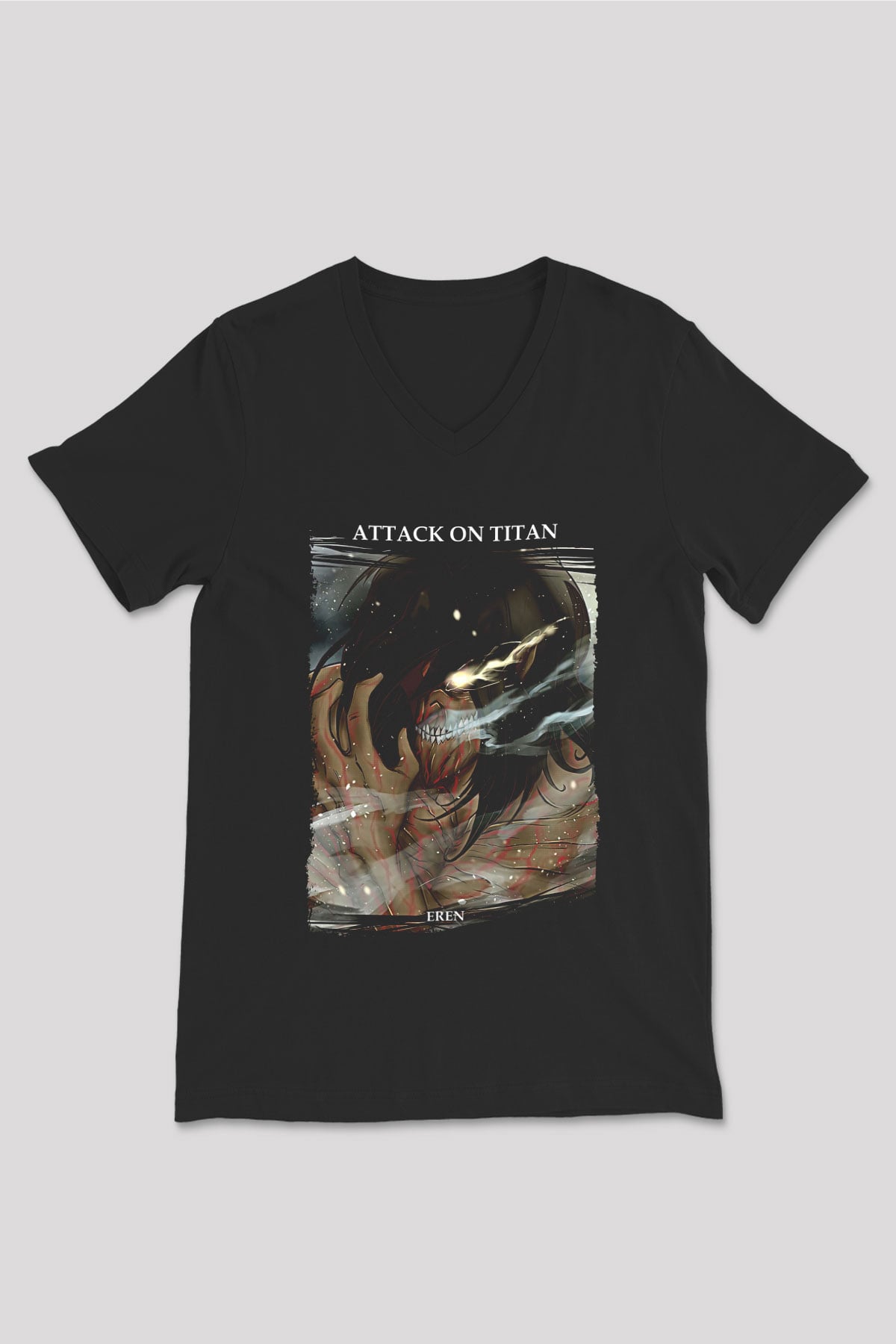 Attack On Titan Baskılı Unisex Siyah V Yaka Tişört - Tshirt
