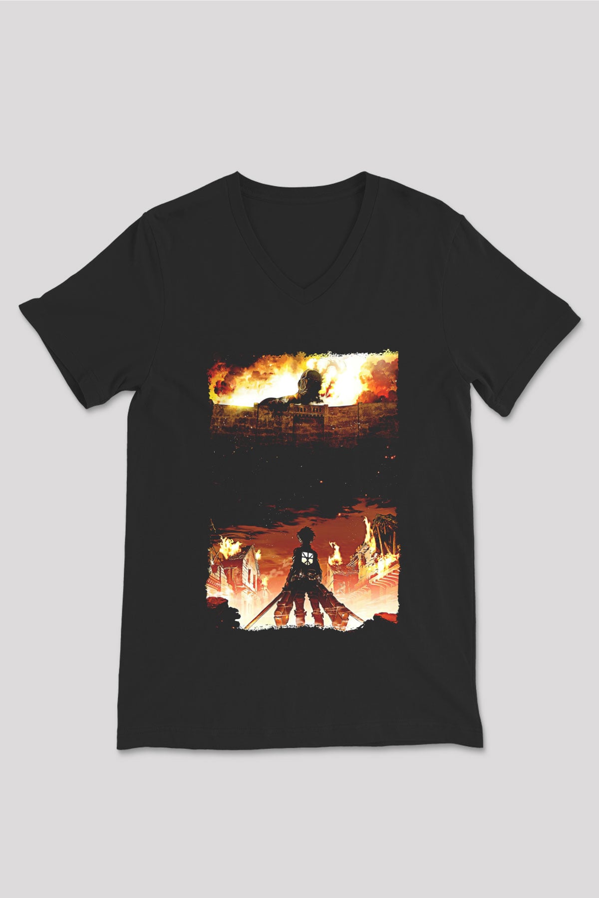Attack On Titan Baskılı Unisex Siyah V Yaka Tişört - Tshirt
