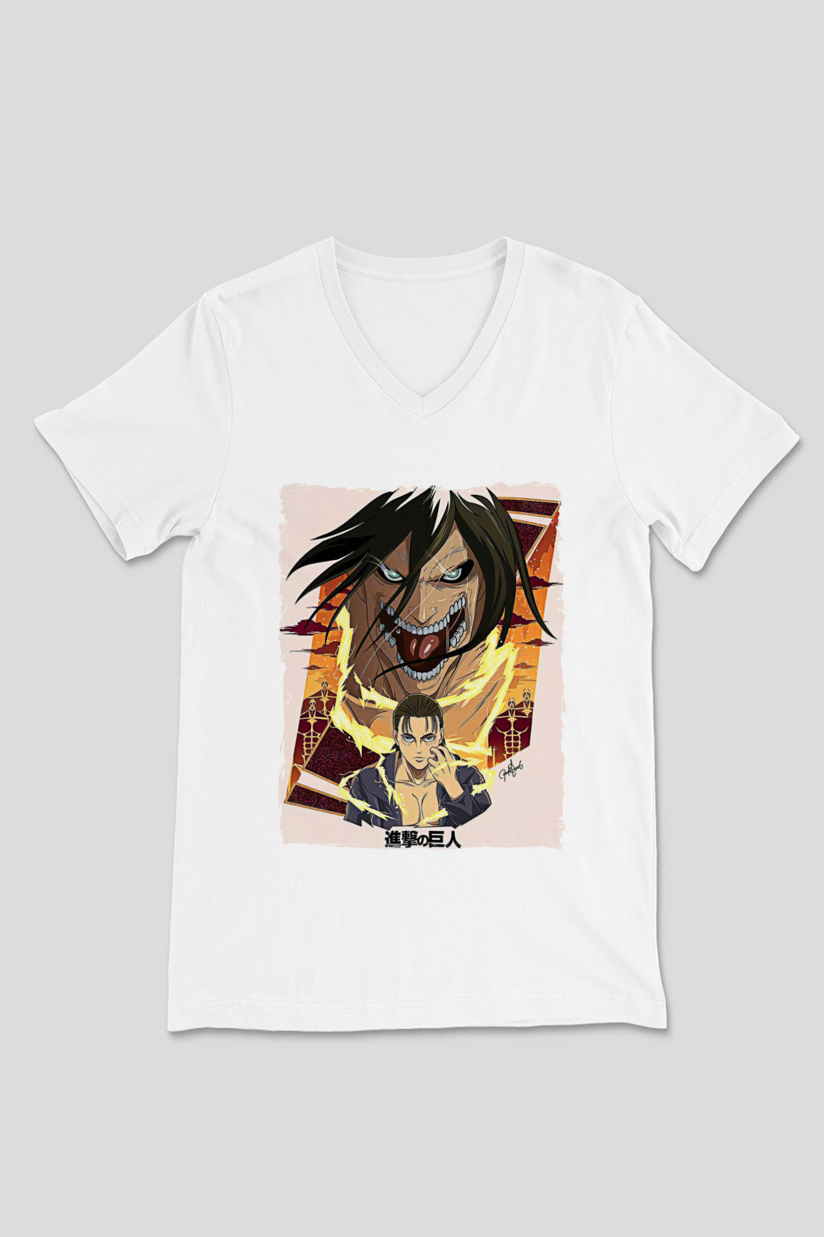 Attack On Titan Baskılı Unisex Siyah V Yaka Tişört - Tshirt