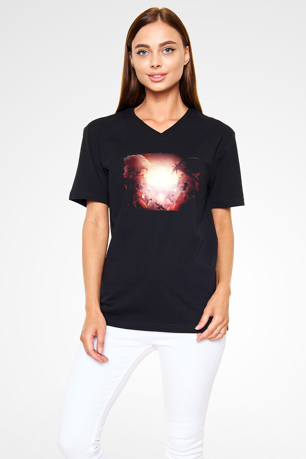 Attack On Titan Baskılı Unisex Siyah V Yaka Tişört - Tshirt