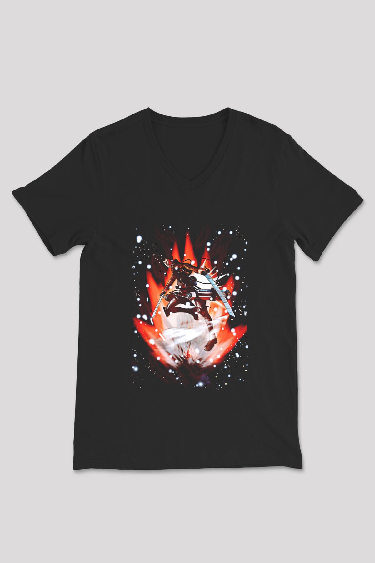 Attack On Titan Baskılı Unisex Siyah V Yaka Tişört - Tshirt