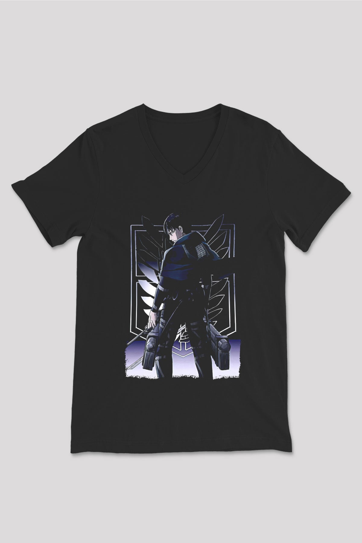 Attack On Titan Baskılı Unisex Siyah V Yaka Tişört - Tshirt
