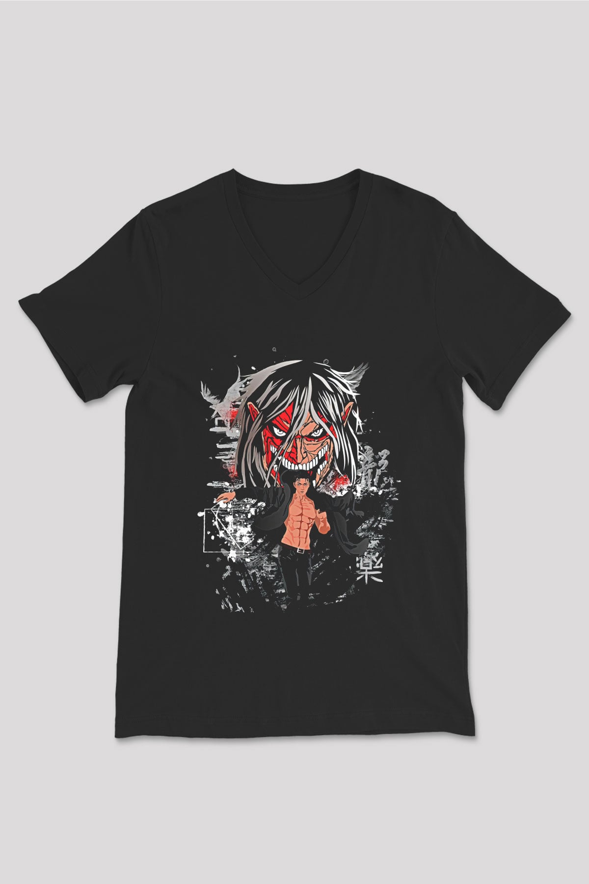 Attack On Titan Baskılı Unisex Siyah V Yaka Tişört - Tshirt