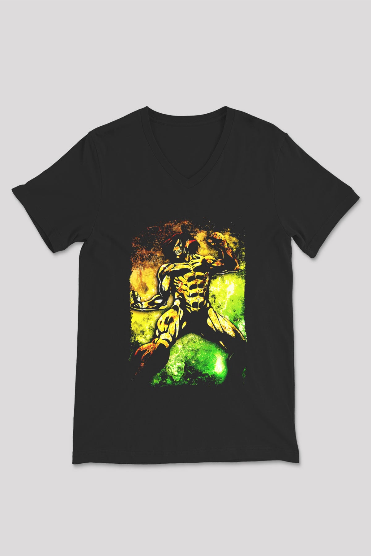 Attack On Titan Baskılı Unisex Siyah V Yaka Tişört - Tshirt