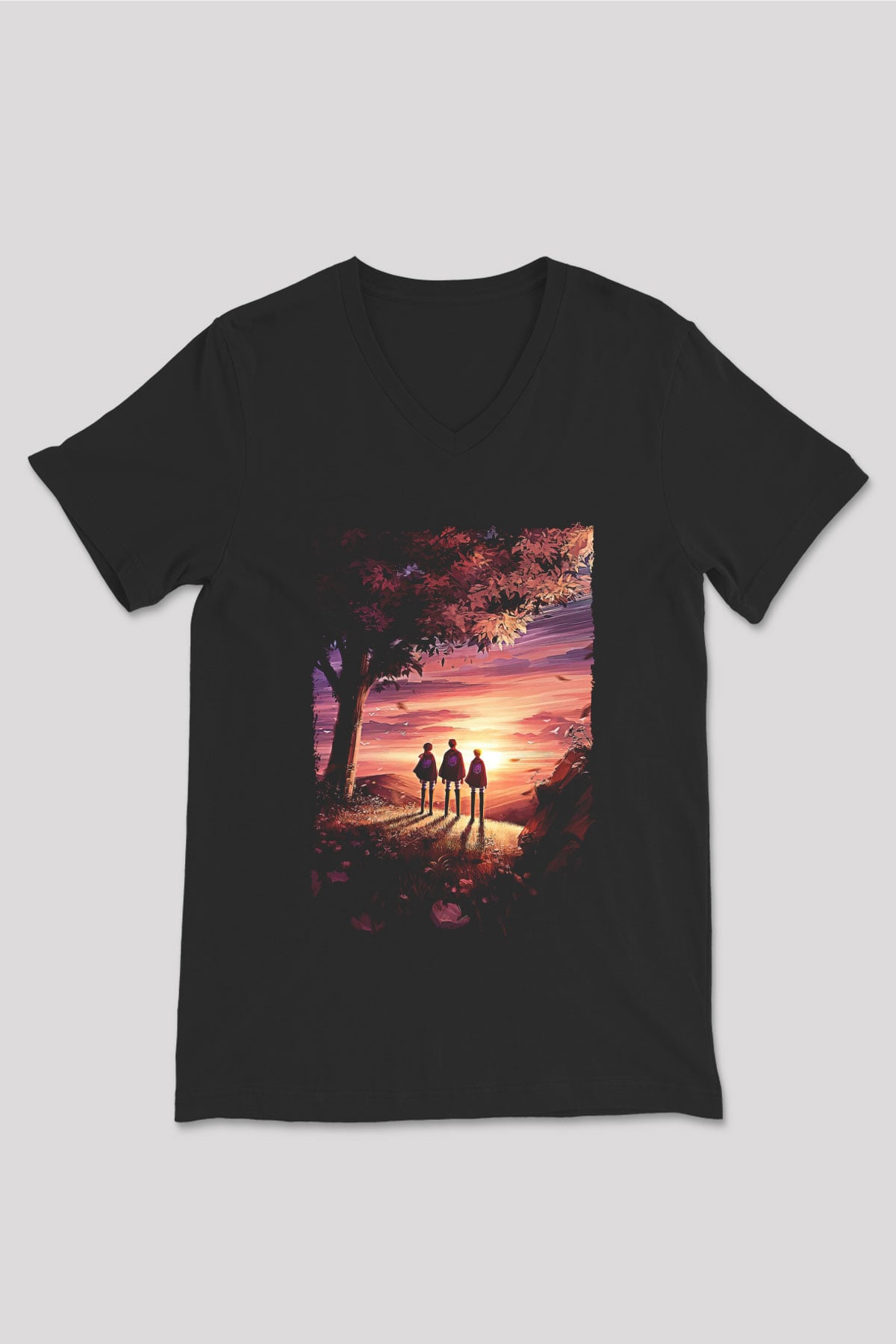 Attack On Titan Baskılı Unisex Siyah V Yaka Tişört - Tshirt