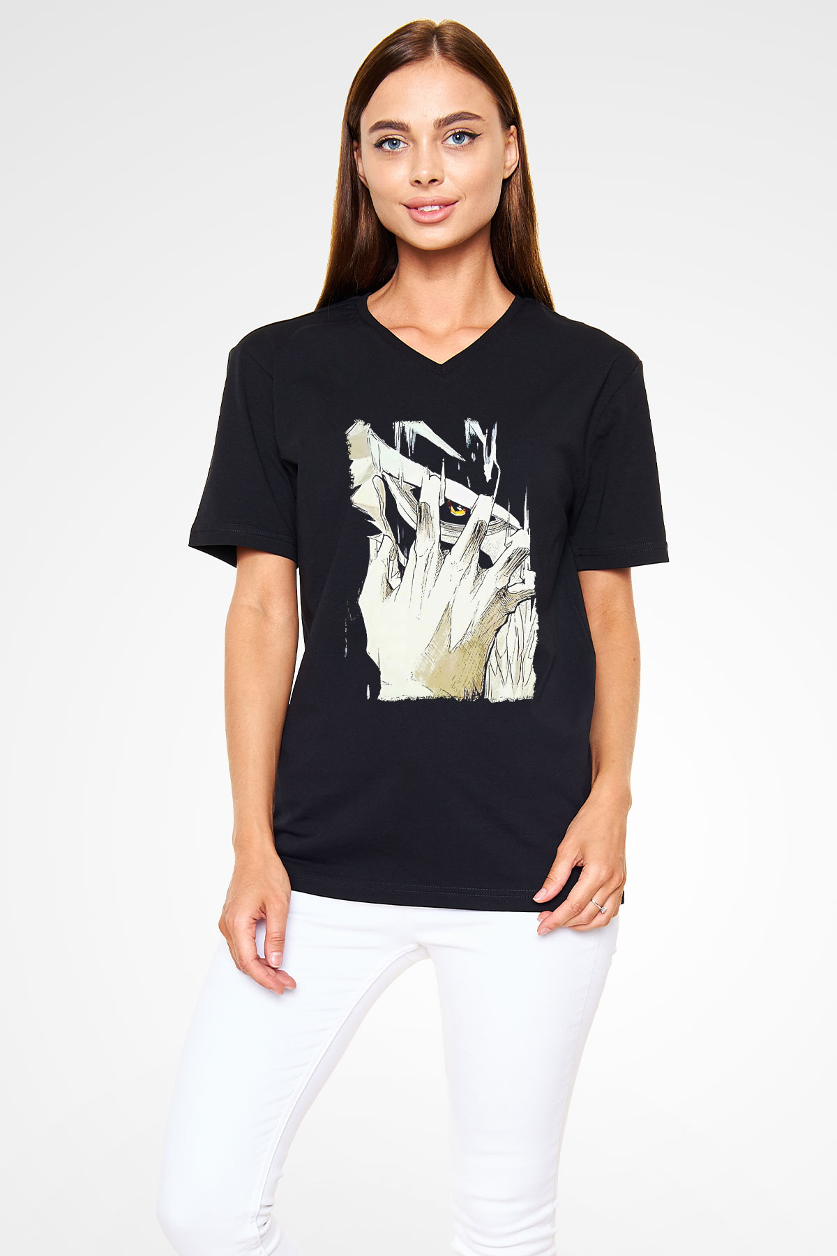 Attack On Titan Baskılı Unisex Siyah V Yaka Tişört - Tshirt