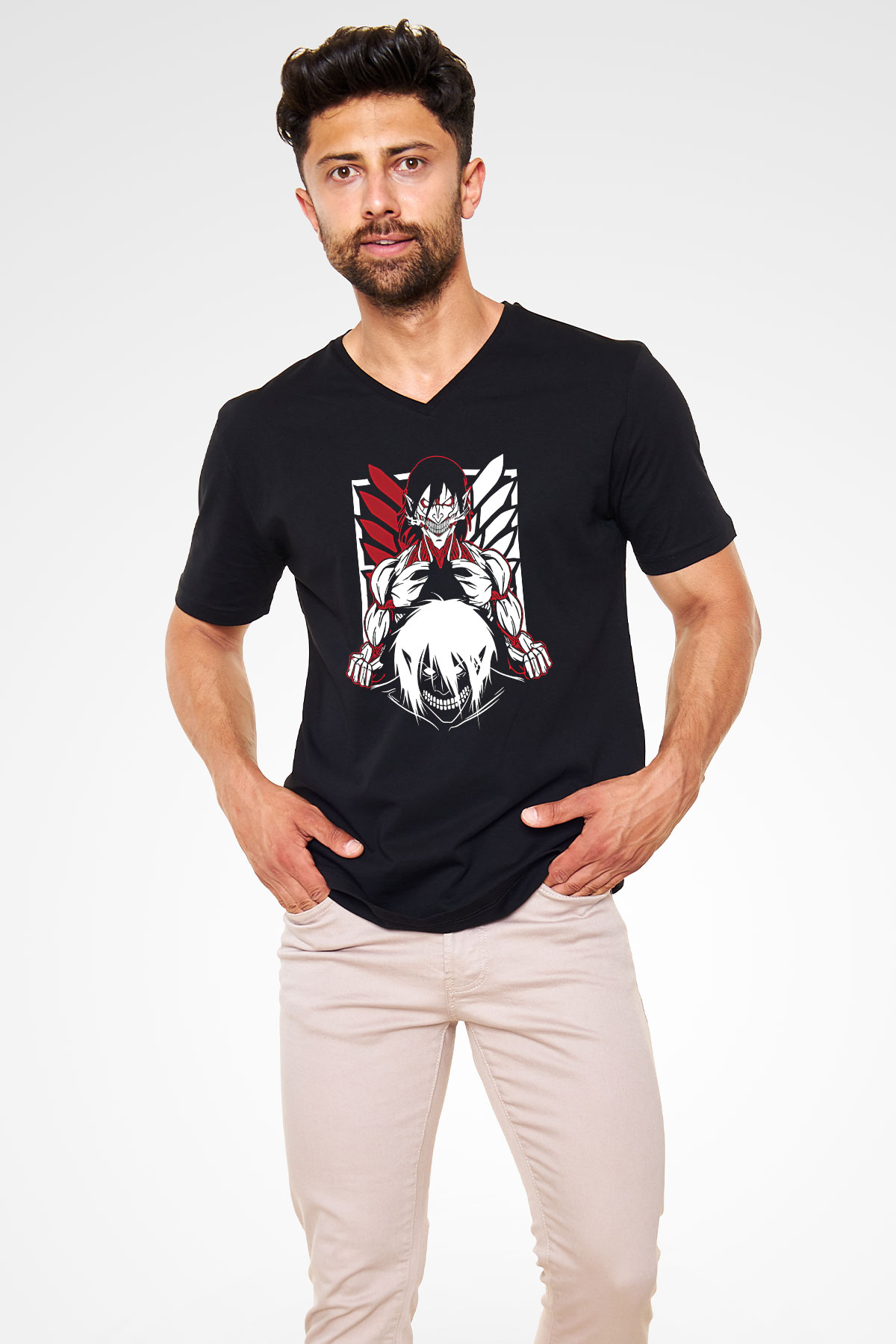 Attack On Titan Baskılı Unisex Siyah V Yaka Tişört - Tshirt