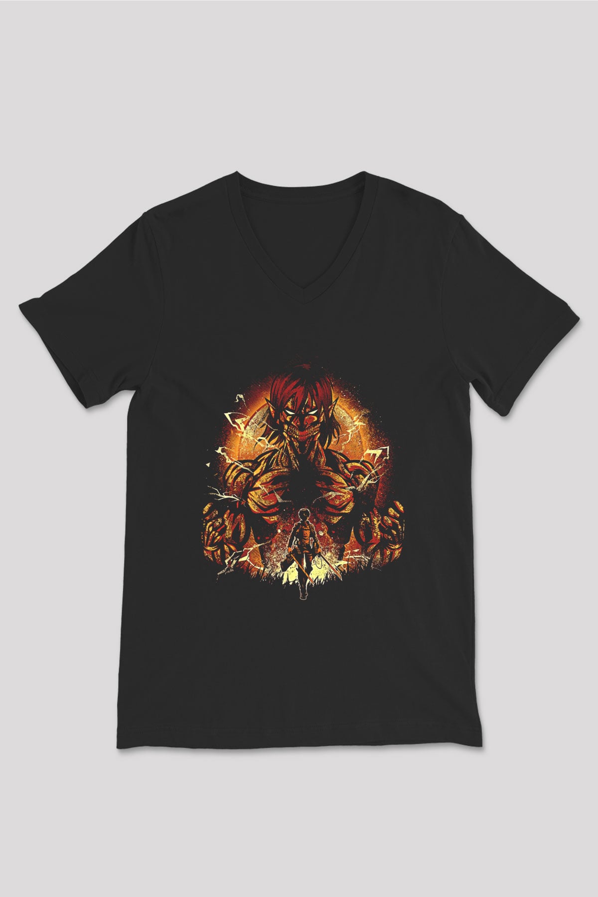Attack On Titan Baskılı Unisex Siyah V Yaka Tişört - Tshirt