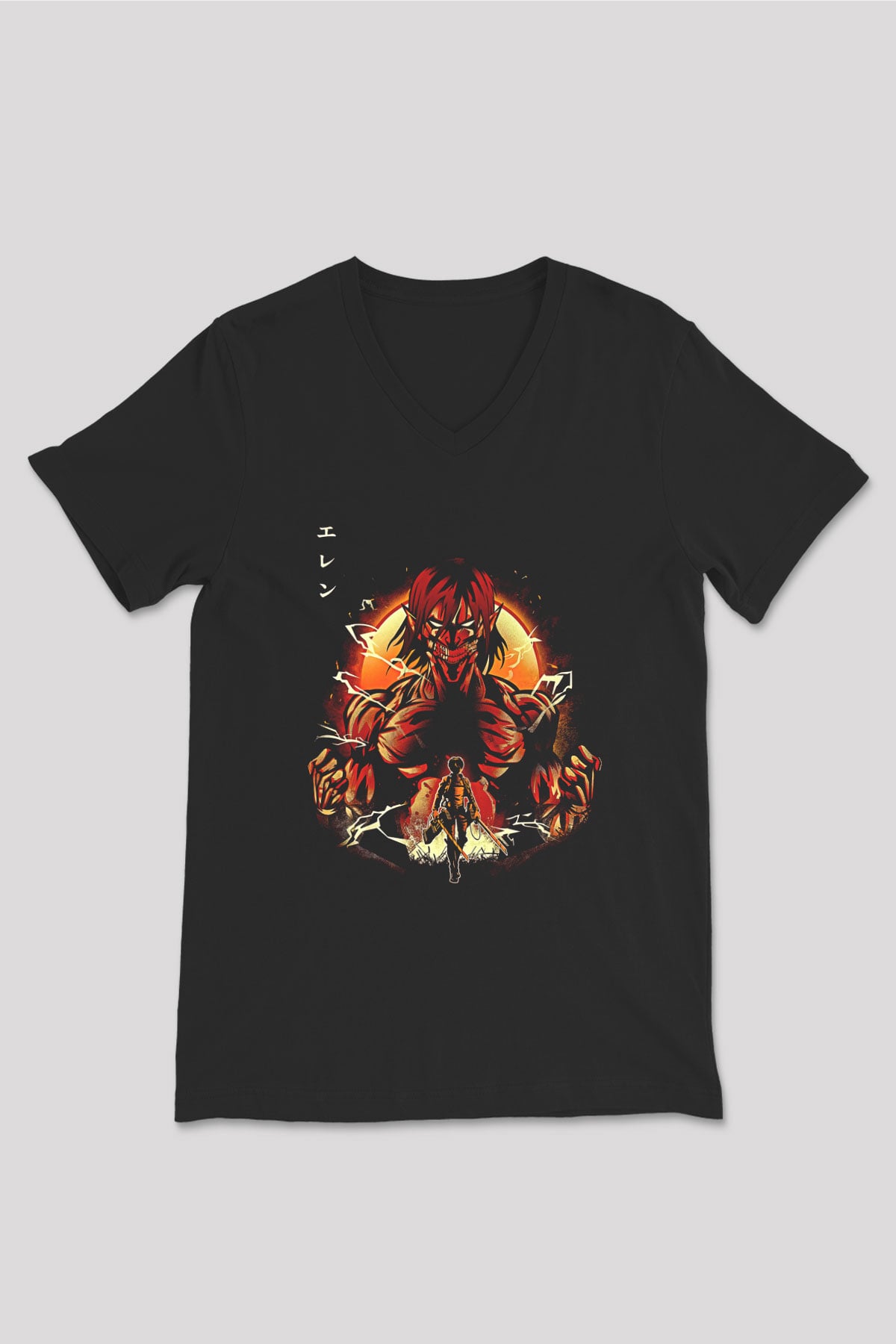 Attack On Titan Baskılı Unisex Siyah V Yaka Tişört - Tshirt