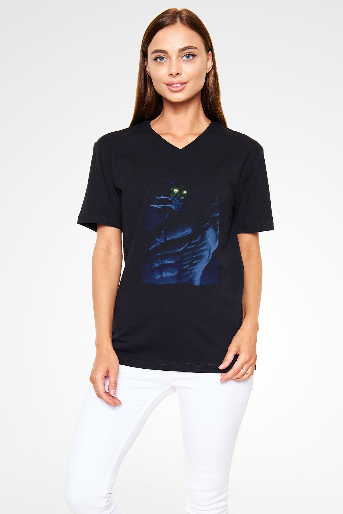 Attack On Titan Baskılı Unisex Siyah V Yaka Tişört - Tshirt