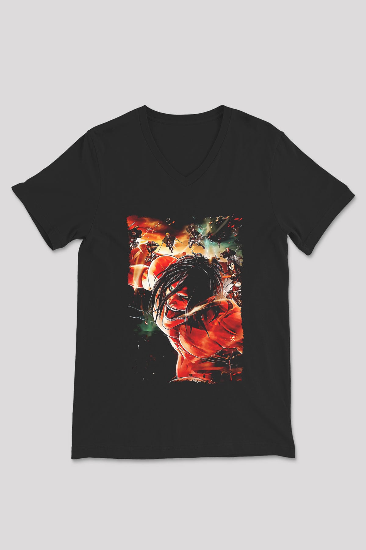 Attack On Titan Baskılı Unisex Siyah V Yaka Tişört - Tshirt