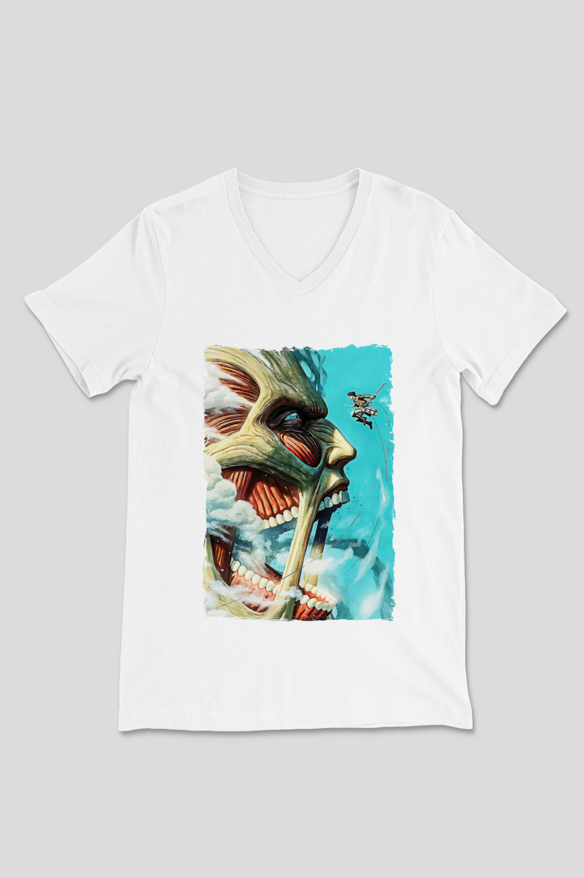 Attack On Titan Baskılı Unisex Siyah V Yaka Tişört - Tshirt