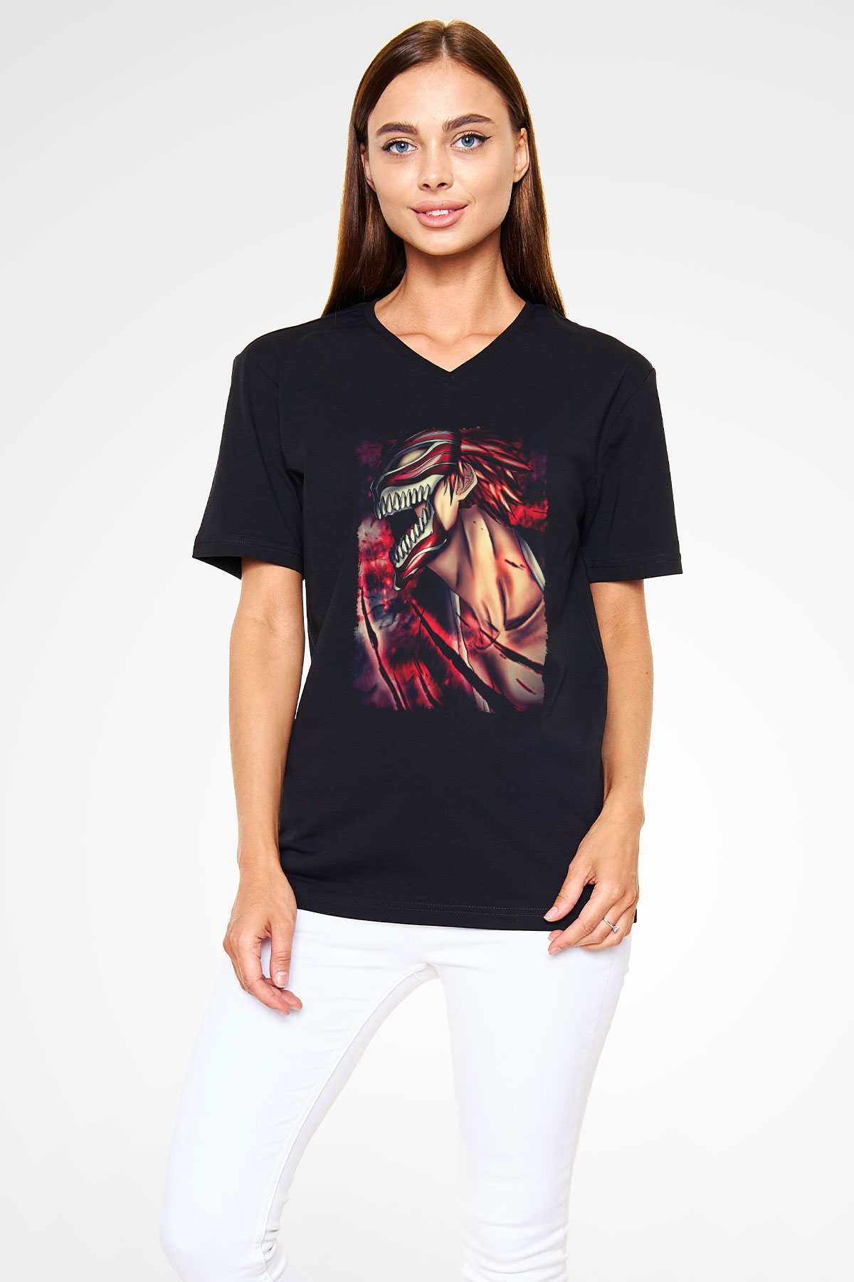 Attack On Titan Baskılı Unisex Siyah V Yaka Tişört - Tshirt