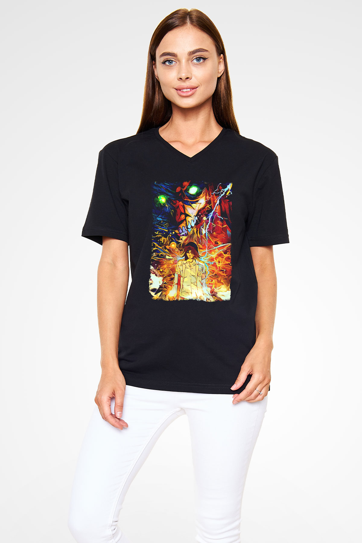 Attack On Titan Baskılı Unisex Siyah V Yaka Tişört - Tshirt