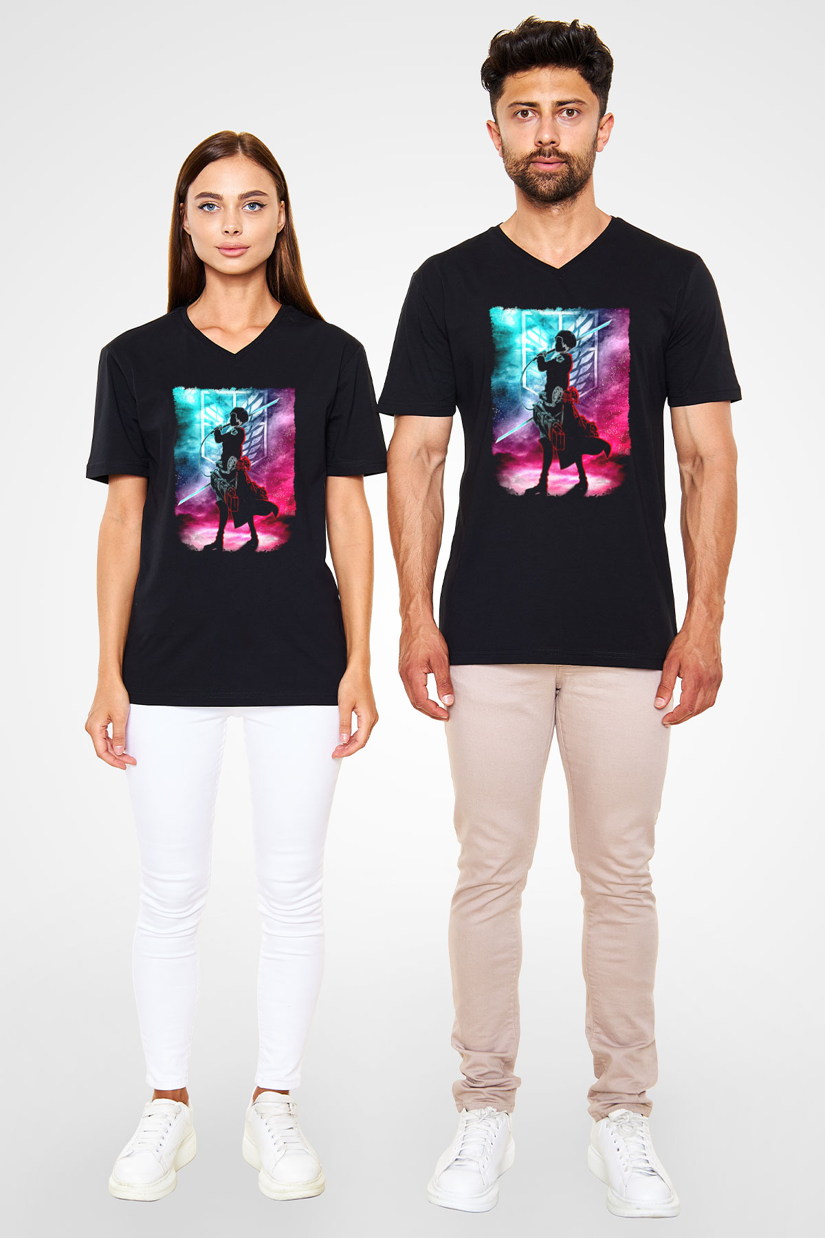 Attack On Titan Baskılı Unisex Siyah V Yaka Tişört - Tshirt