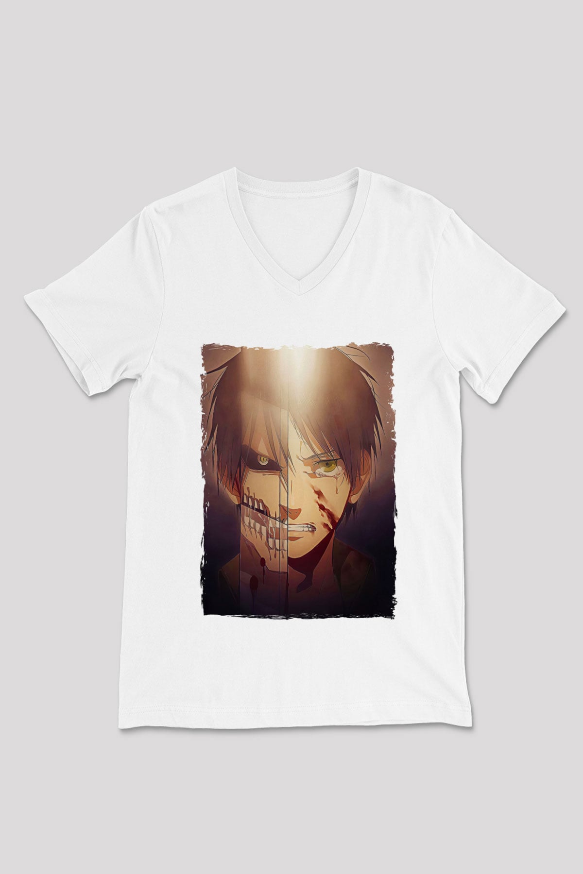Attack On Titan Baskılı Unisex Siyah V Yaka Tişört - Tshirt