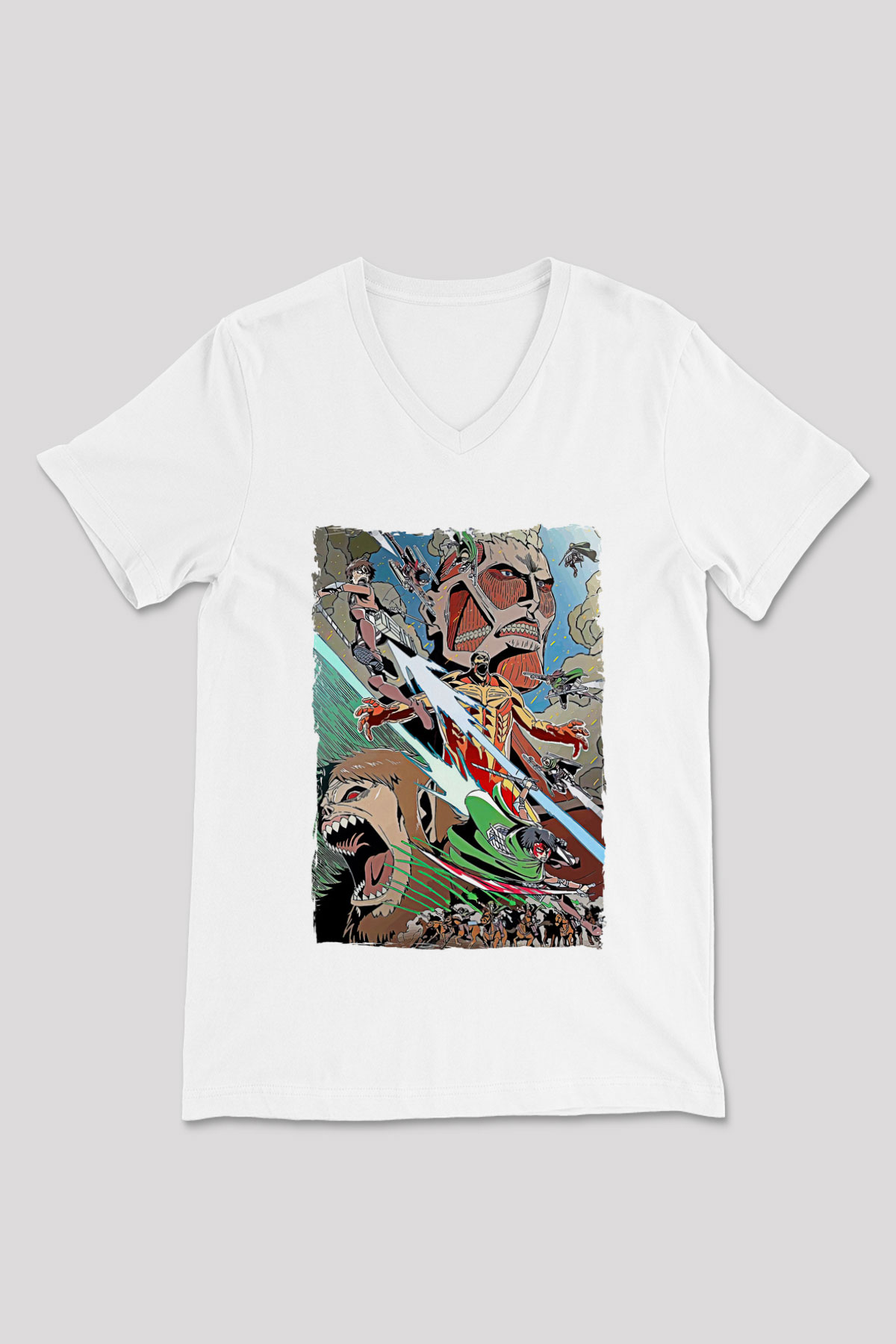 Attack On Titan Baskılı Unisex Siyah V Yaka Tişört - Tshirt
