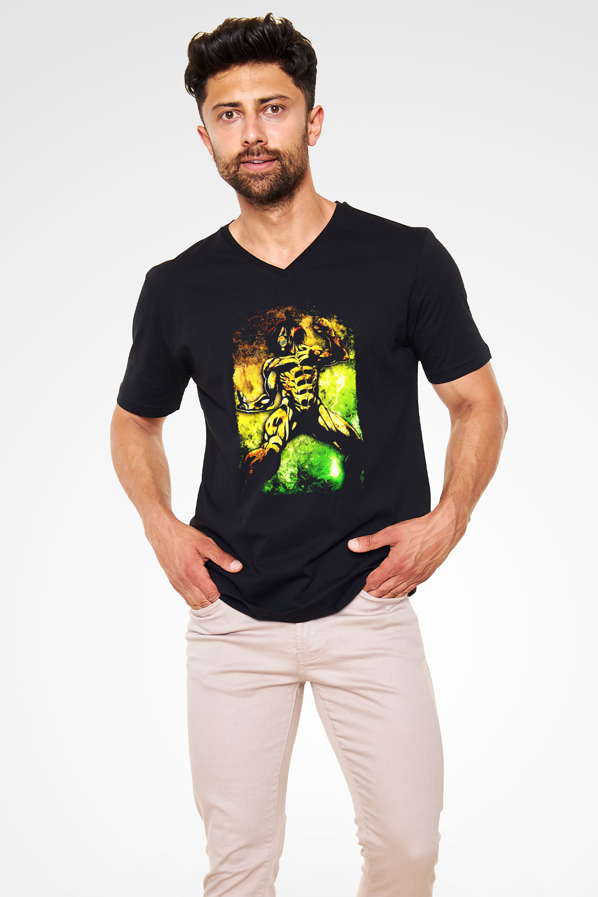 Attack On Titan Baskılı Unisex Siyah V Yaka Tişört - Tshirt