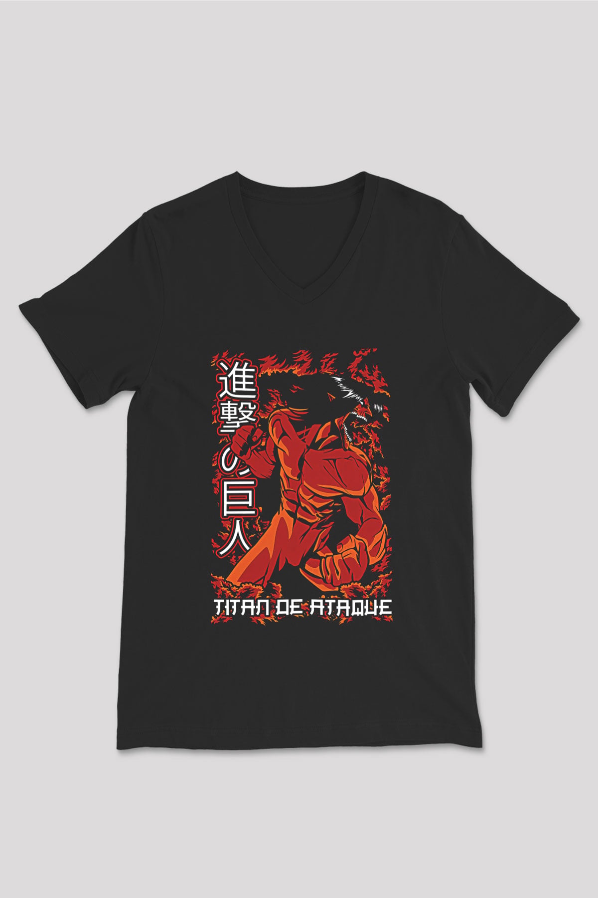 Attack On Titan Baskılı Unisex Siyah V Yaka Tişört - Tshirt