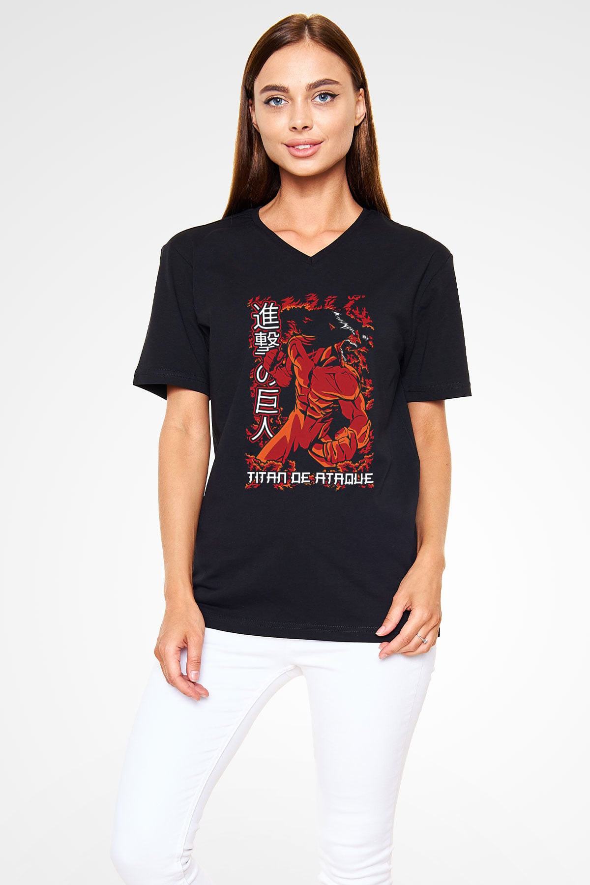 Attack On Titan Baskılı Unisex Siyah V Yaka Tişört - Tshirt