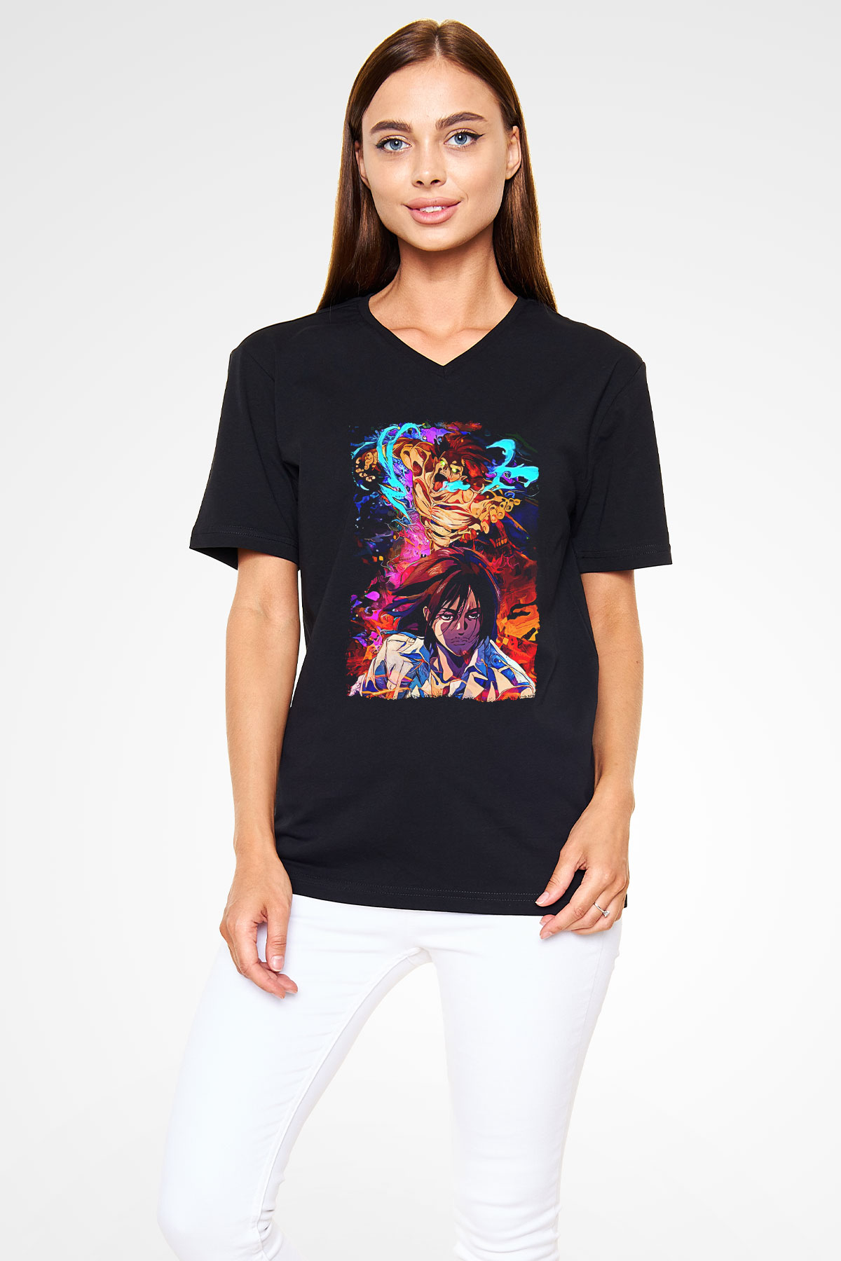 Attack On Titan Baskılı Unisex Siyah V Yaka Tişört - Tshirt
