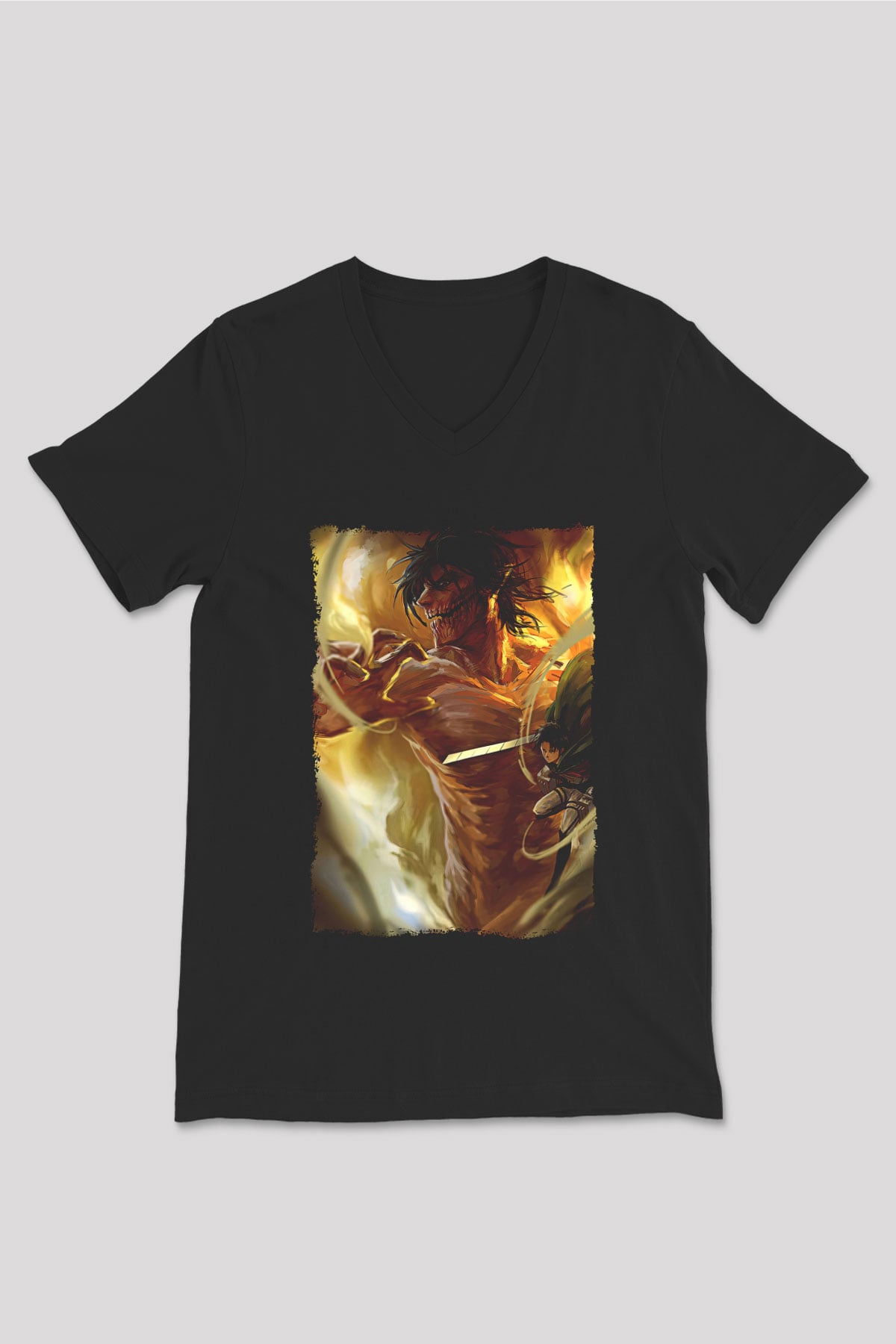 Attack On Titan Baskılı Unisex Siyah V Yaka Tişört - Tshirt