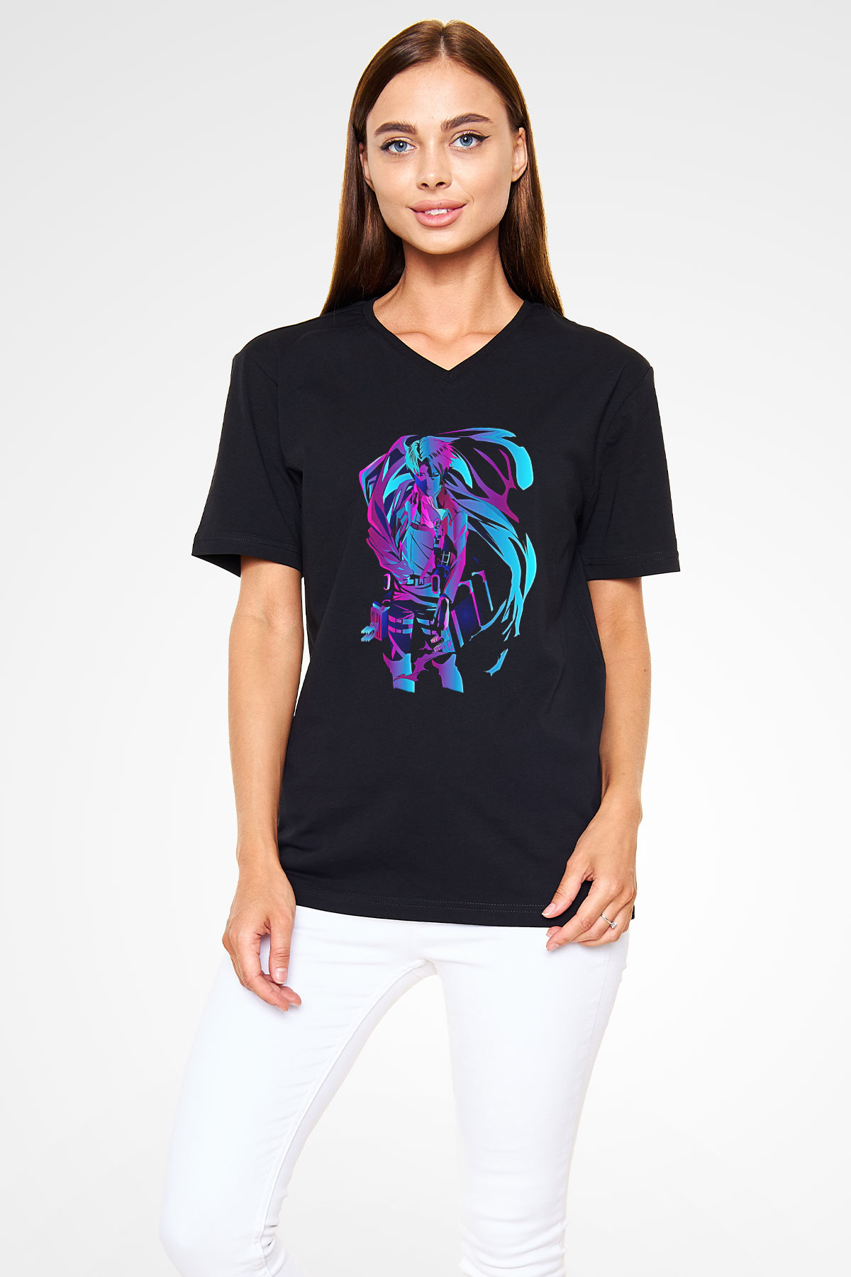 Attack On Titan Baskılı Unisex Siyah V Yaka Tişört - Tshirt