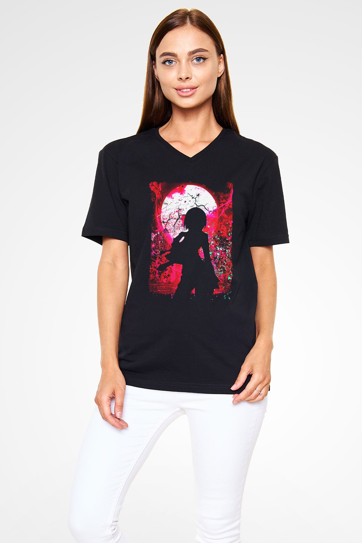 Attack On Titan Baskılı Unisex Siyah V Yaka Tişört - Tshirt