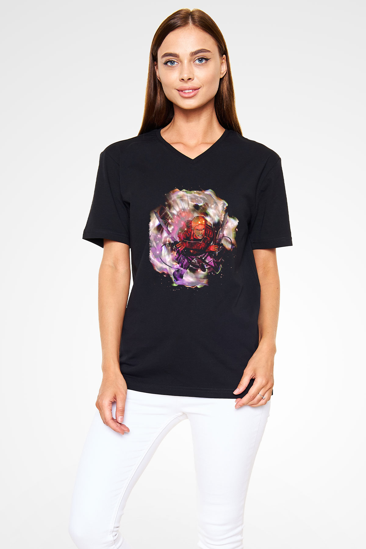 Attack On Titan Baskılı Unisex Siyah V Yaka Tişört - Tshirt