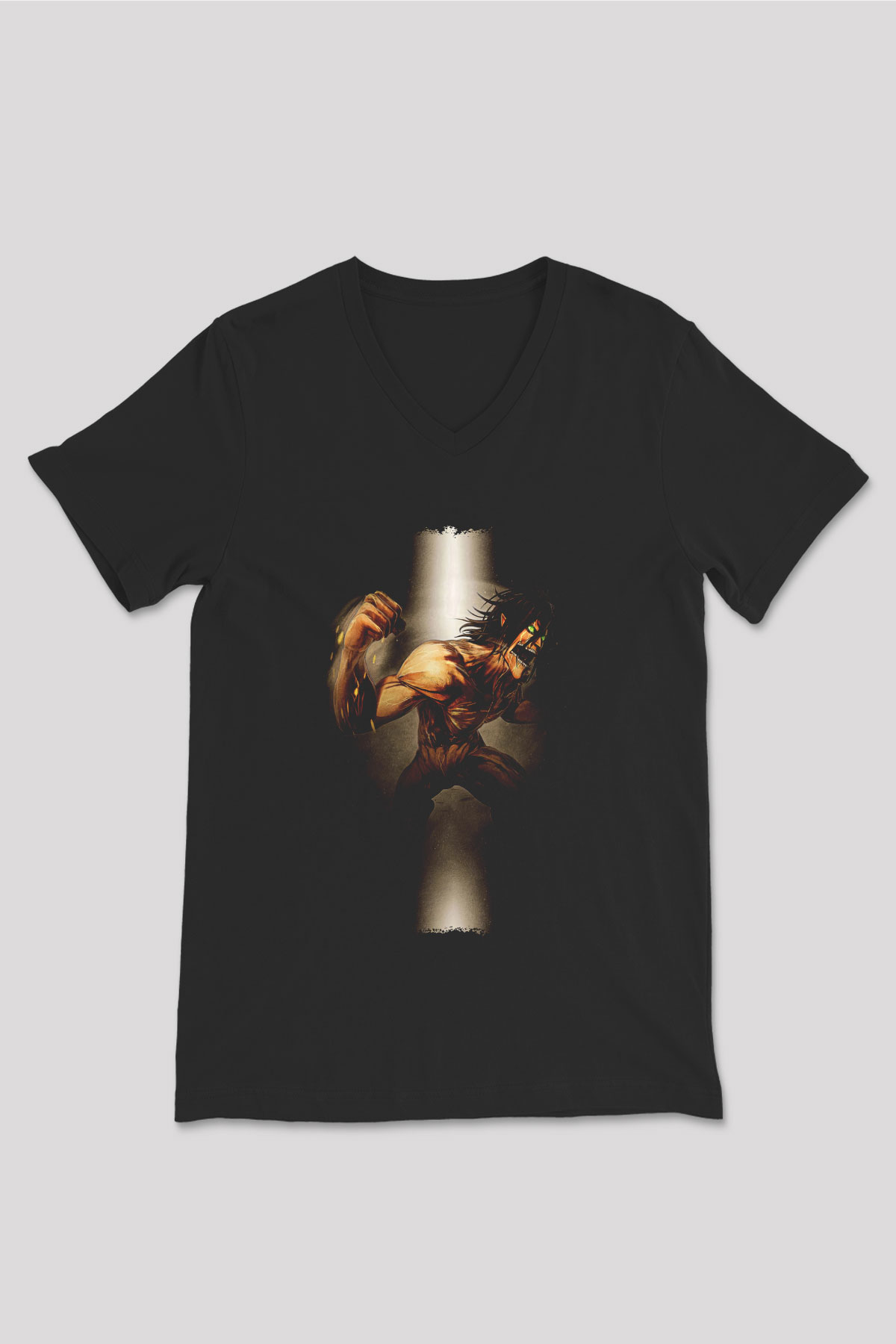 Attack On Titan Baskılı Unisex Siyah V Yaka Tişört - Tshirt