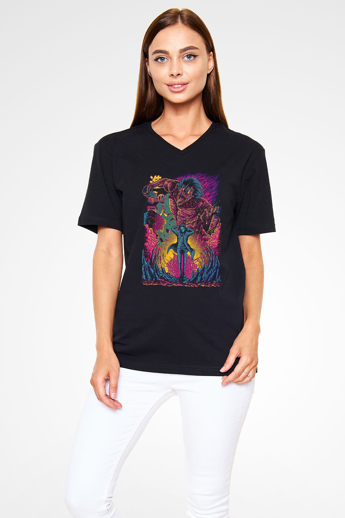Attack On Titan Baskılı Unisex Siyah V Yaka Tişört - Tshirt