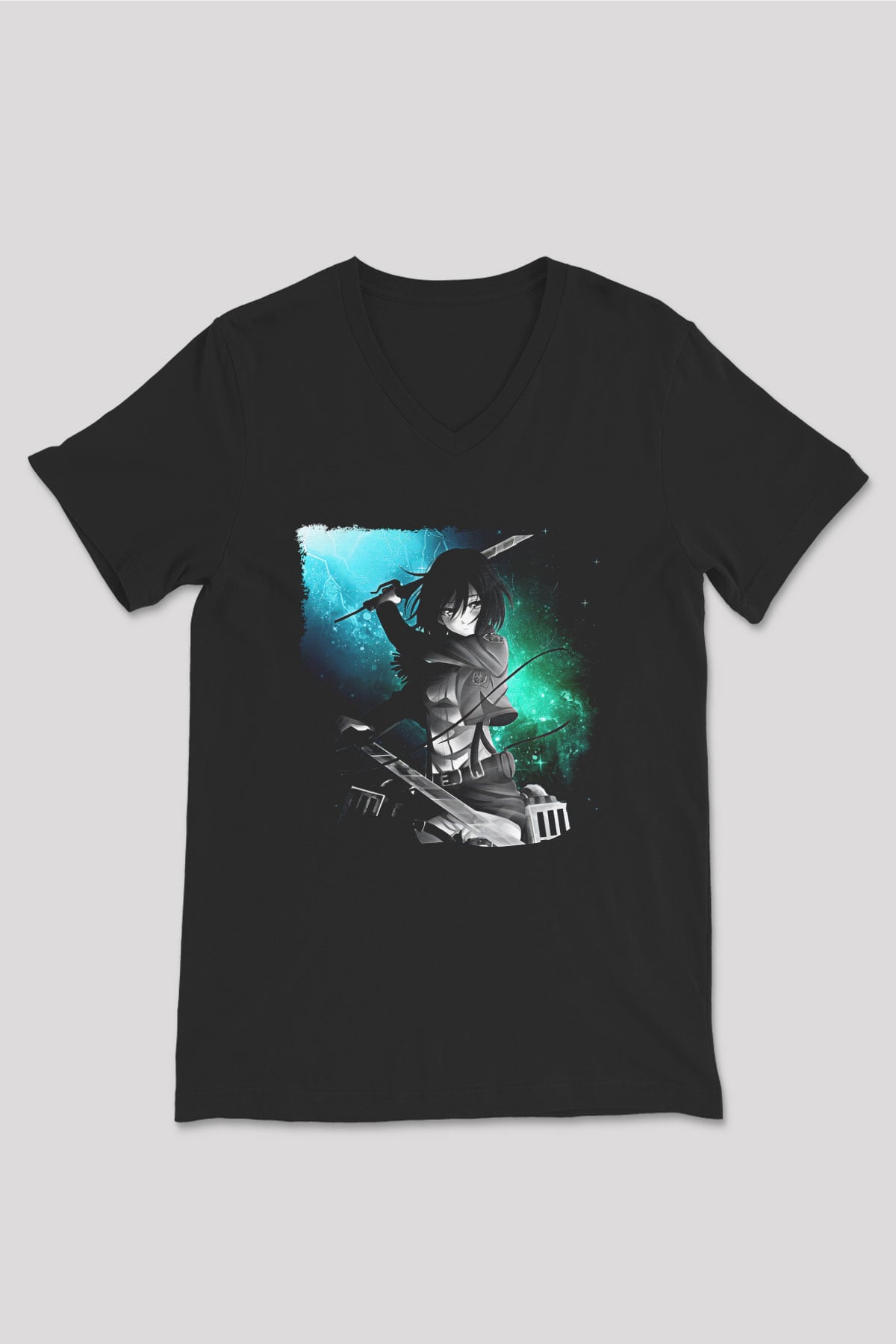 Attack On Titan Baskılı Unisex Siyah V Yaka Tişört - Tshirt