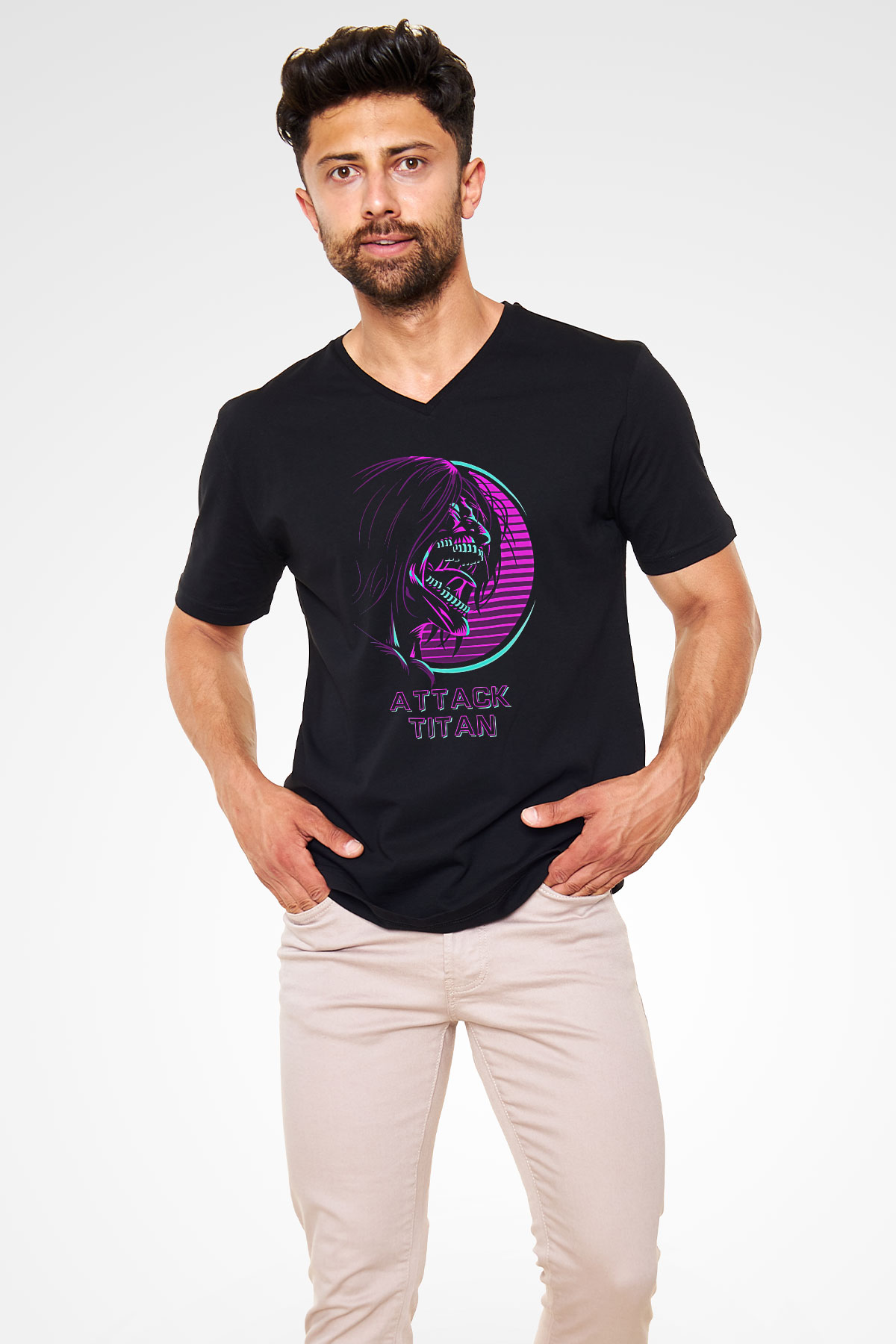 Attack On Titan Baskılı Unisex Siyah V Yaka Tişört - Tshirt