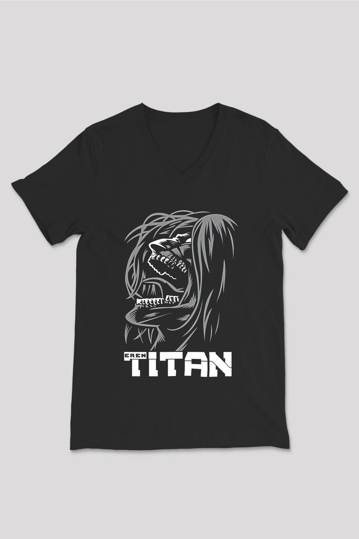 Attack On Titan Baskılı Unisex Siyah V Yaka Tişört - Tshirt