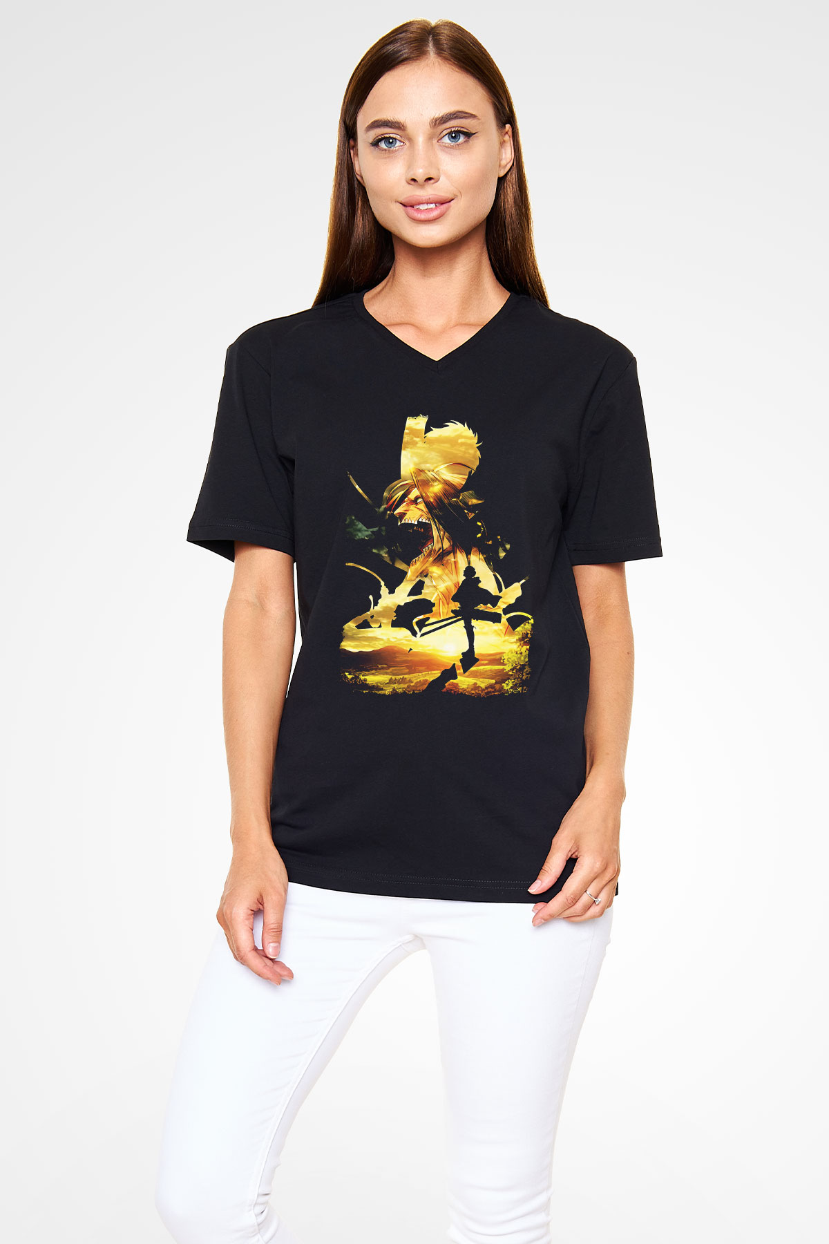Attack On Titan Baskılı Unisex Siyah V Yaka Tişört - Tshirt