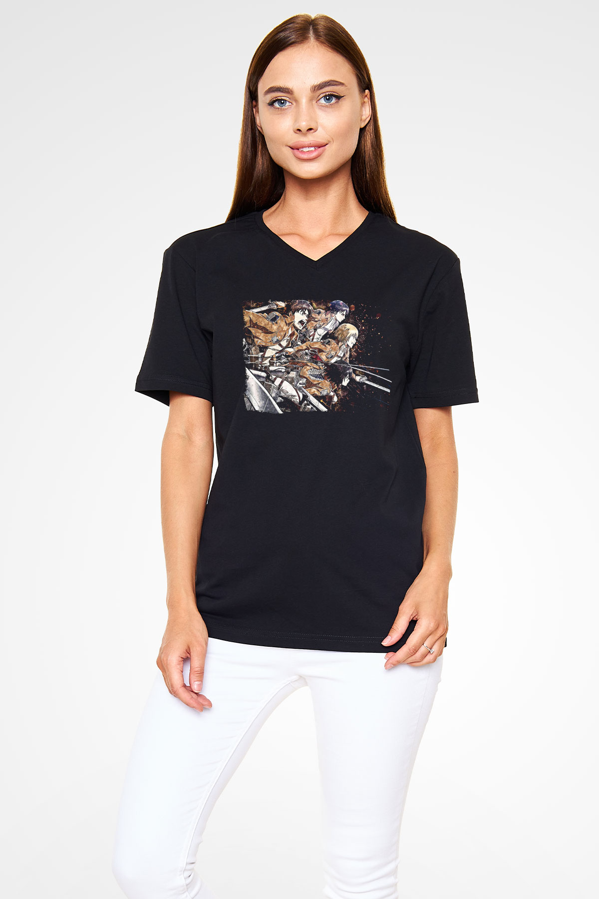 Attack On Titan Baskılı Unisex Siyah V Yaka Tişört - Tshirt